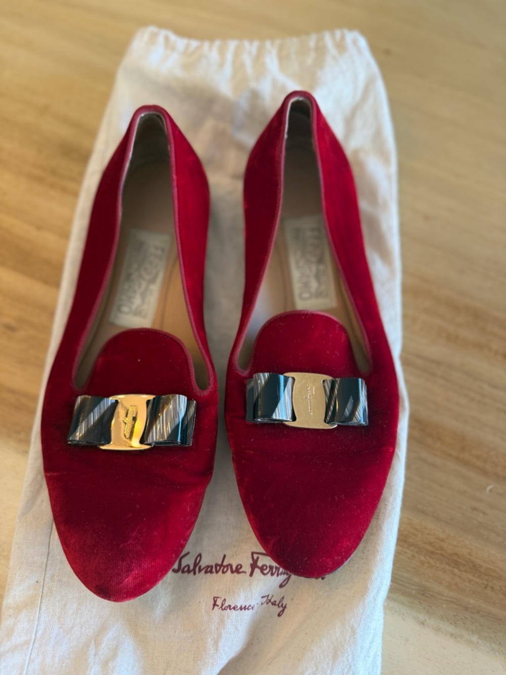 Salvatore Ferragamo Red Velvet Vara Bow Flats with Gold Accent